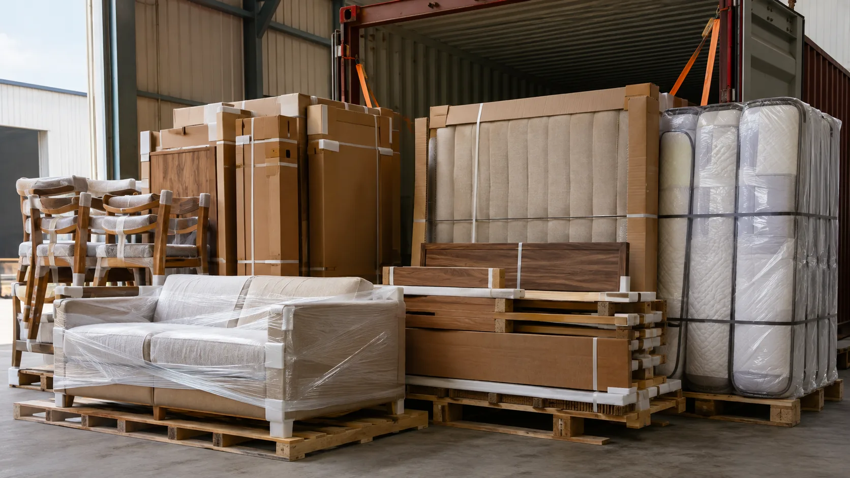 Upholstered seating and bedroom furniture in a furniture importer showroom