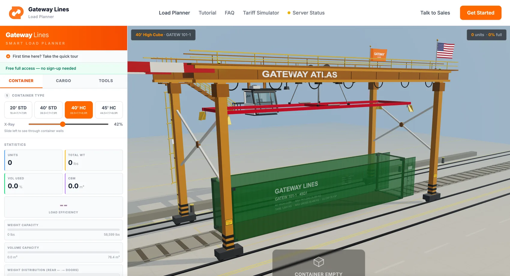 Gateway 3D load planner: the GATEWAY ATLAS gantry crane over a 40 foot high cube container