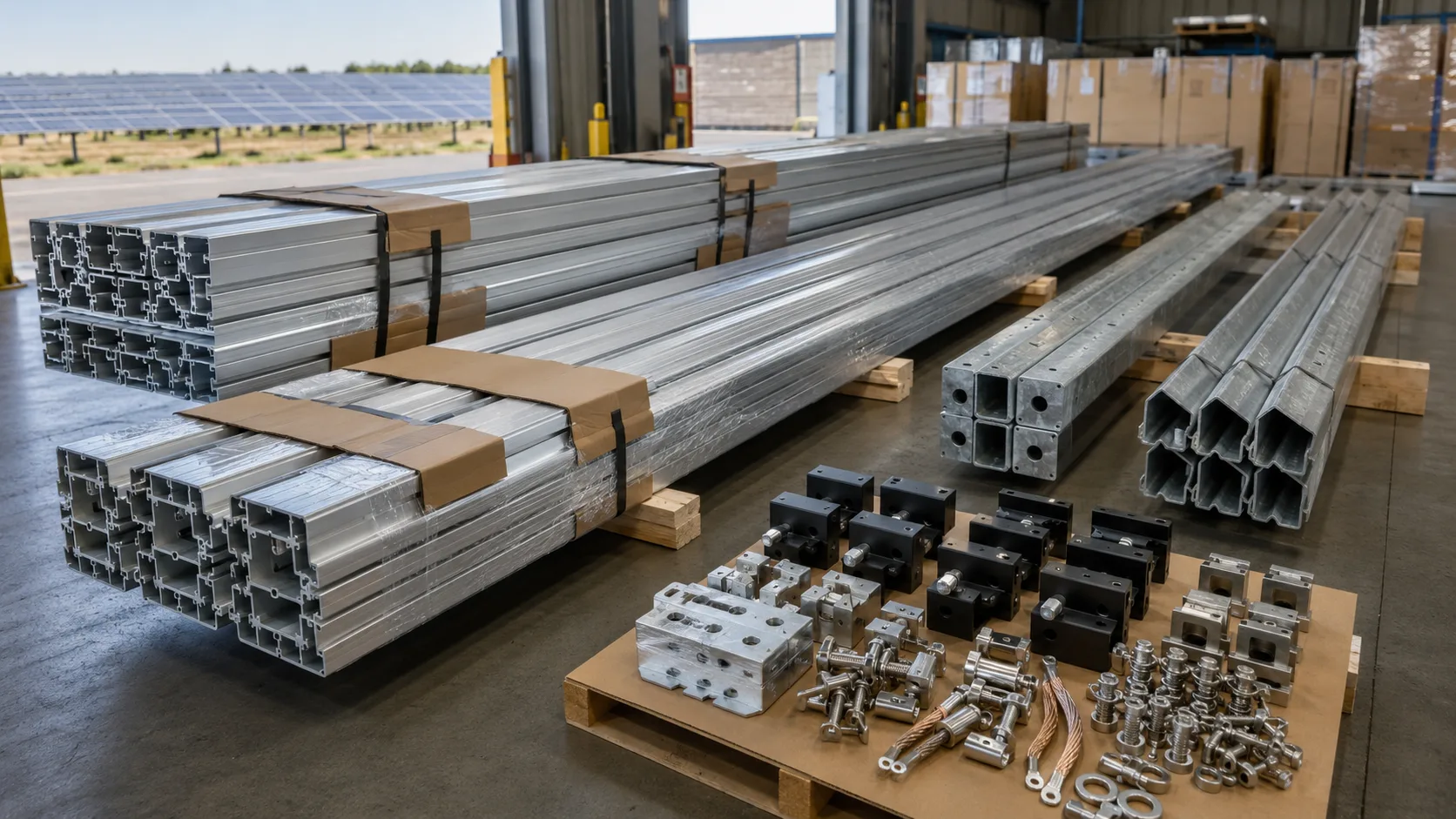 Rows of ground-mounted solar racking and tracker torque tubes on a utility-scale project site