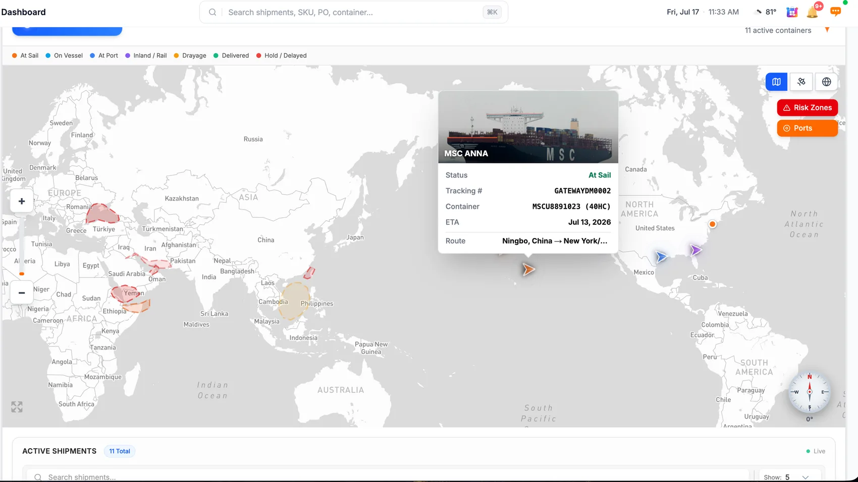 Gateway Terminal dashboard with live satellite shipment map