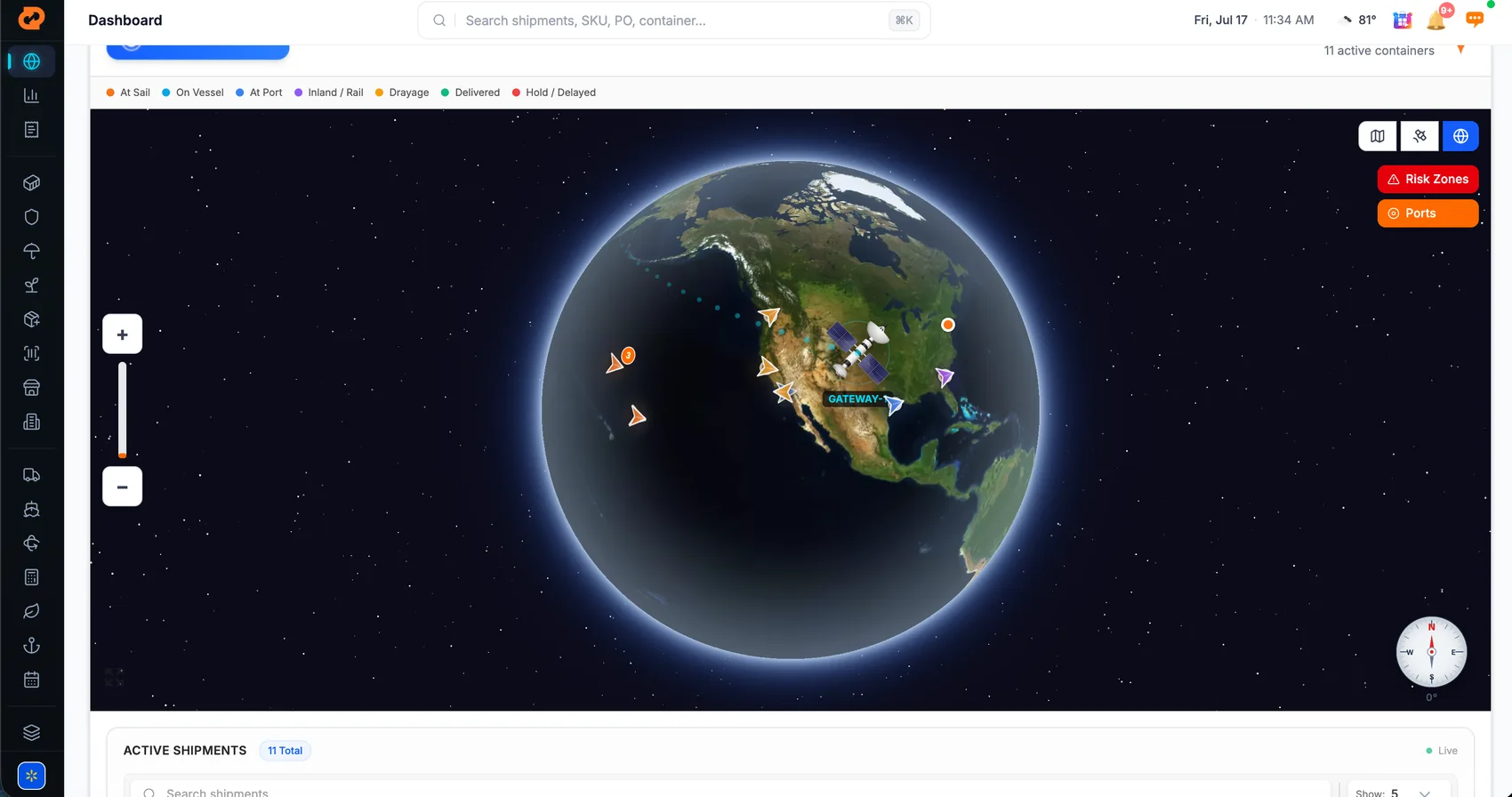 Gateway Terminal global fleet view on a 3D globe