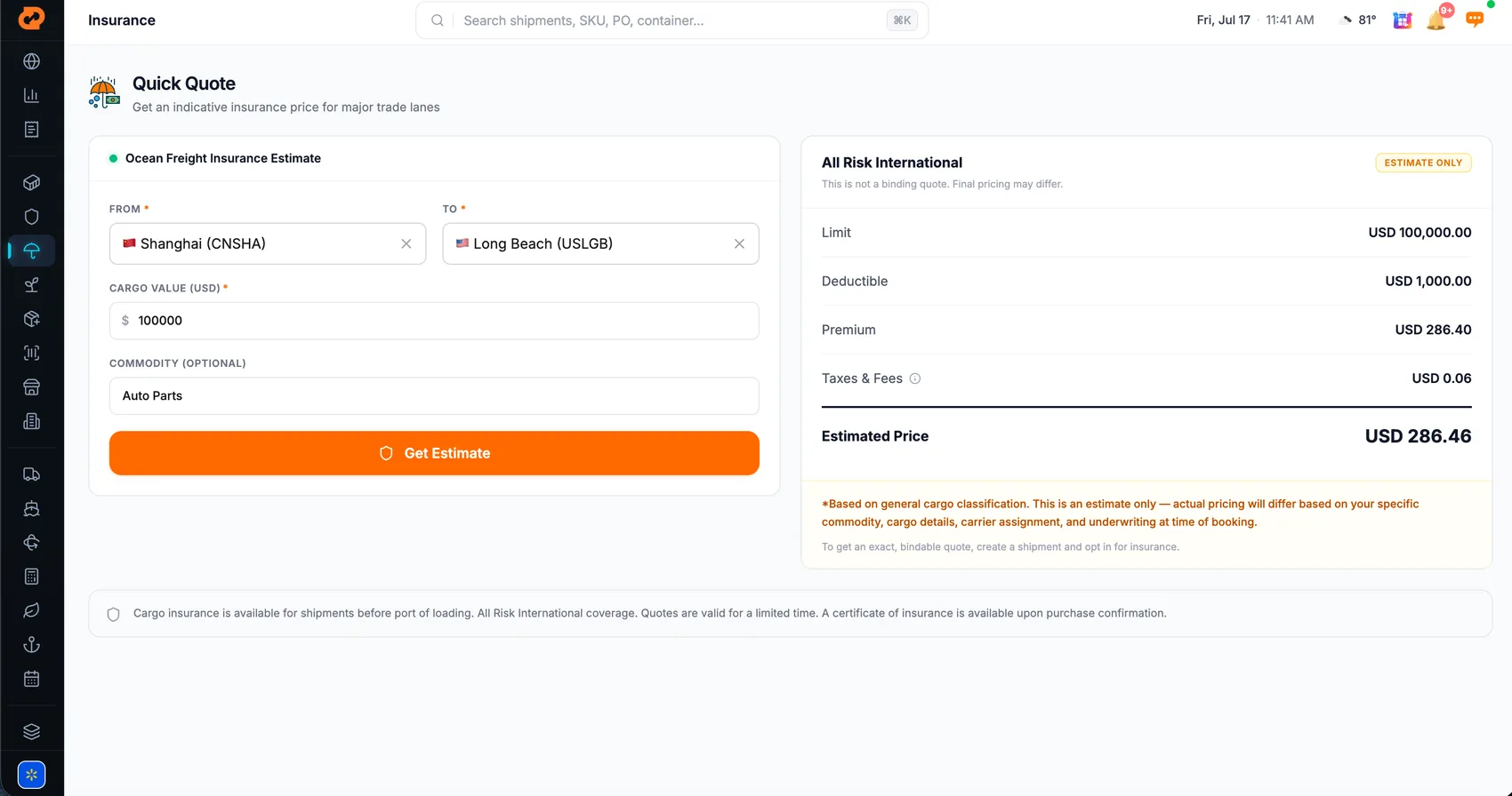 Instant cargo insurance quote in Gateway Terminal