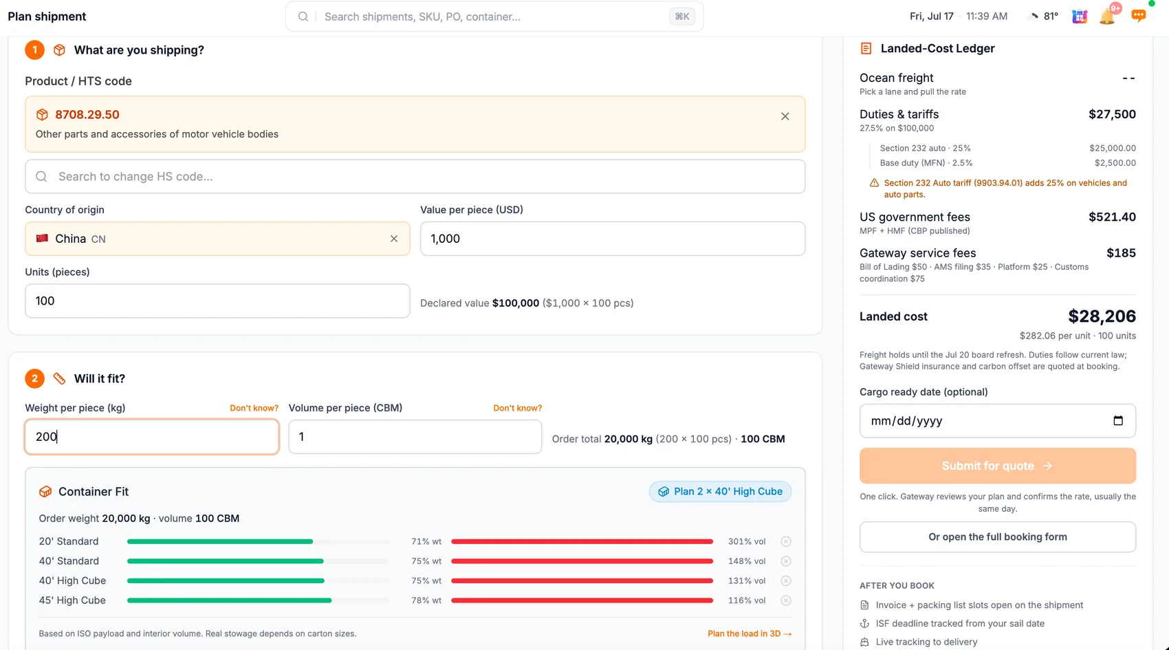 Gateway Terminal shipment planner with landed-cost ledger and container fit