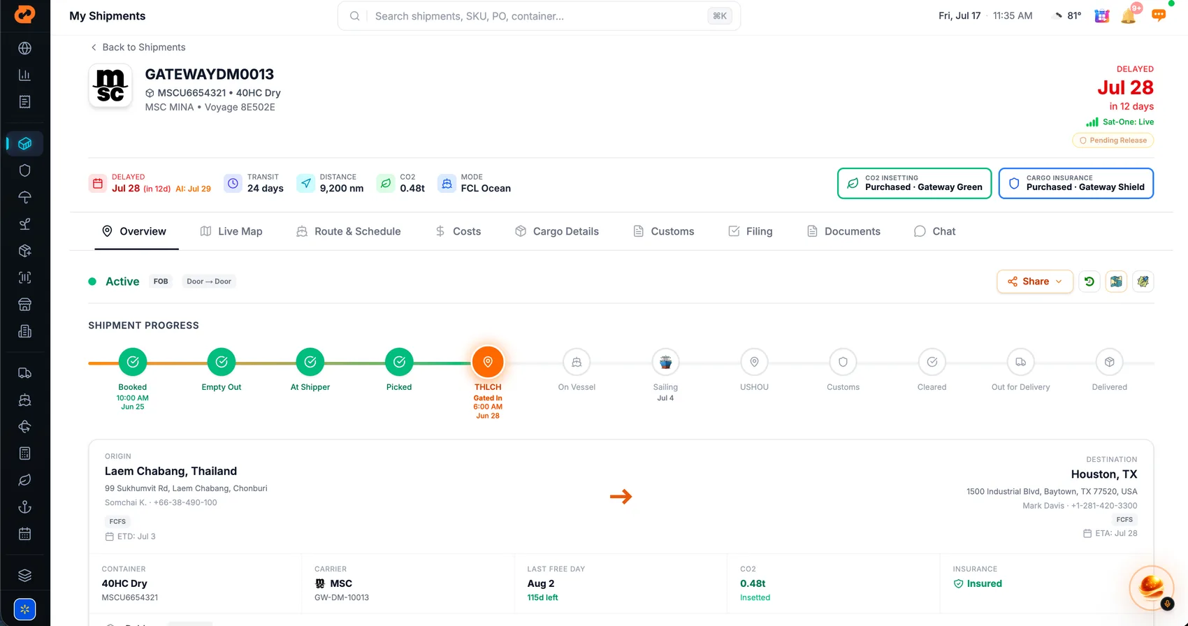 A Gateway Terminal shipment record: timeline, satellite tracking, customs, insurance, CO2 insetting, documents and chat in one view