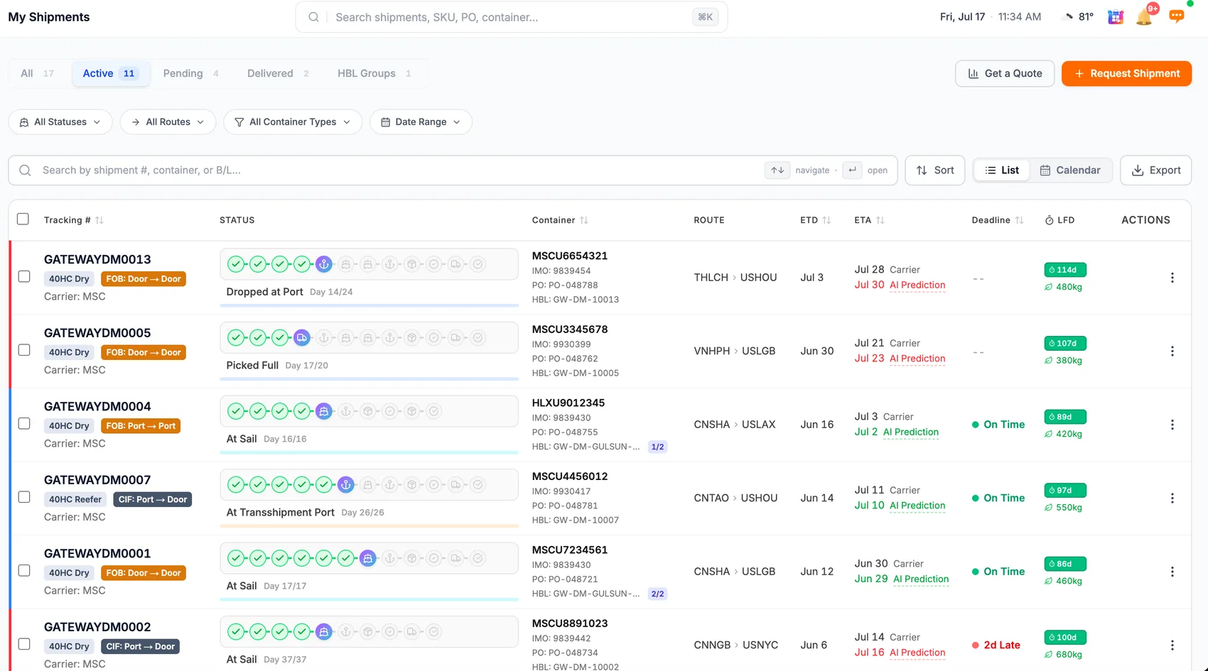 Gateway Terminal My Shipments board with live shipment statuses