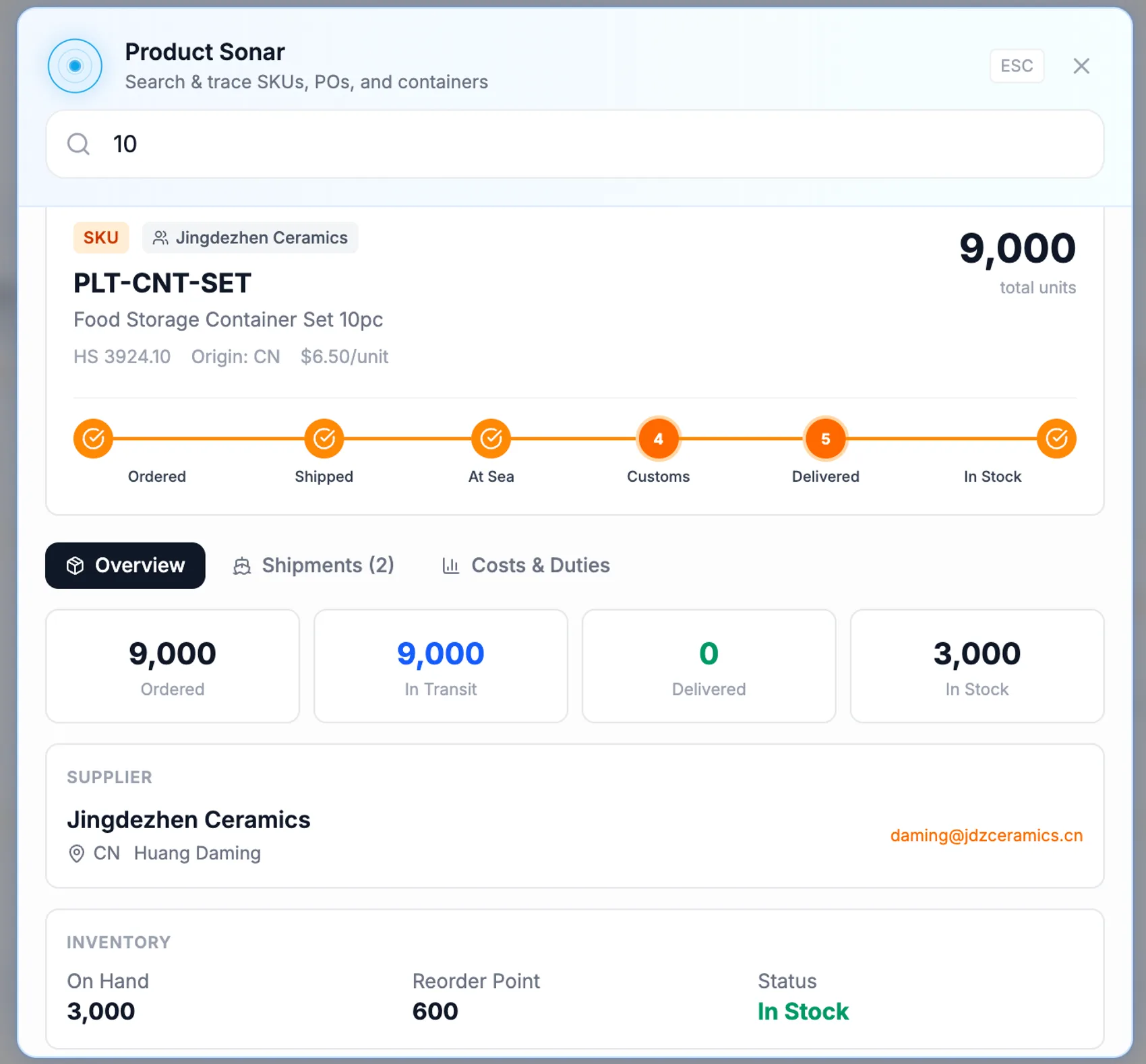 Product Sonar SKU trace with lifecycle and inventory
