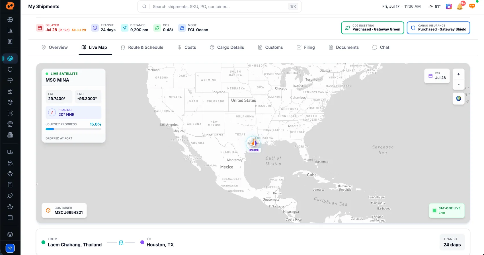 Per-shipment satellite tracking map